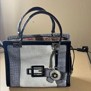 Guess Black and Gray Croc-Embossed Satchel